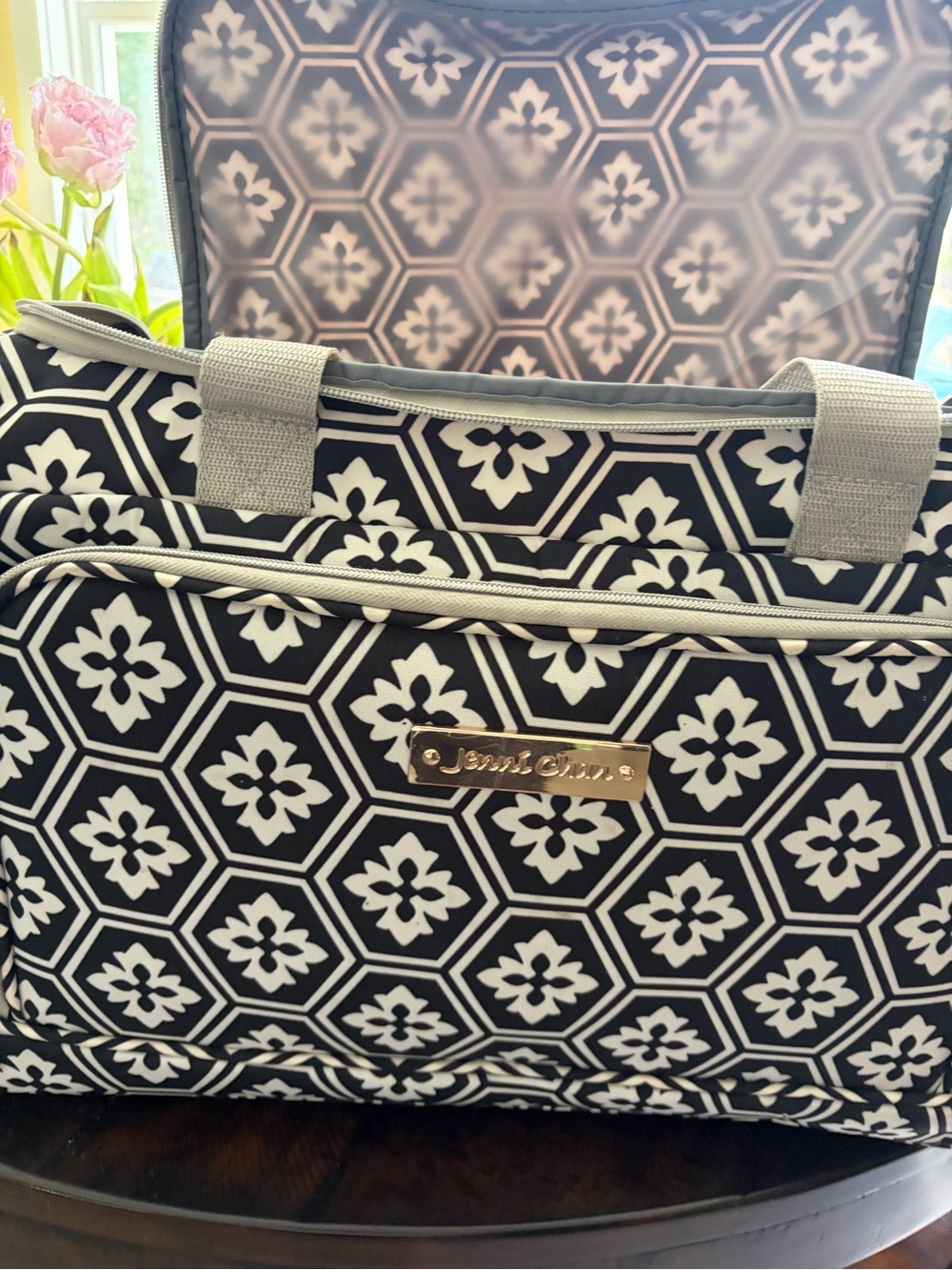 Black & White Geometric Tote with Gold Nameplate